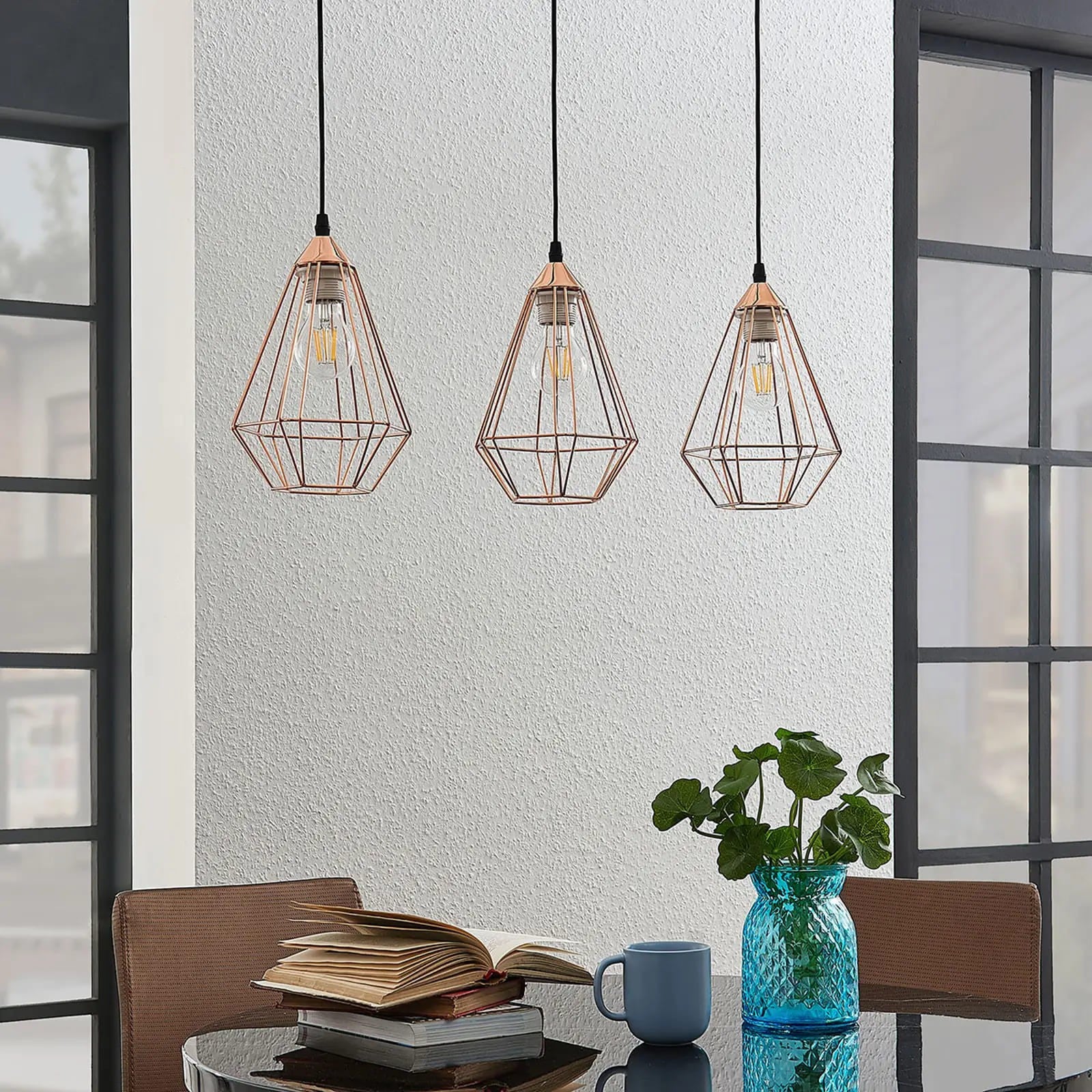 Pakabinamas šviestuvas Elda su narveliais, pailgas, varinis