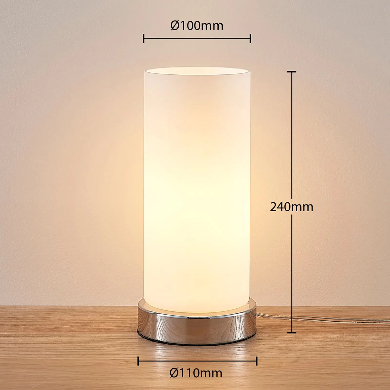 Cilindrinė stiklinė stalinė lempa Elianna su chromuotu pagrindu