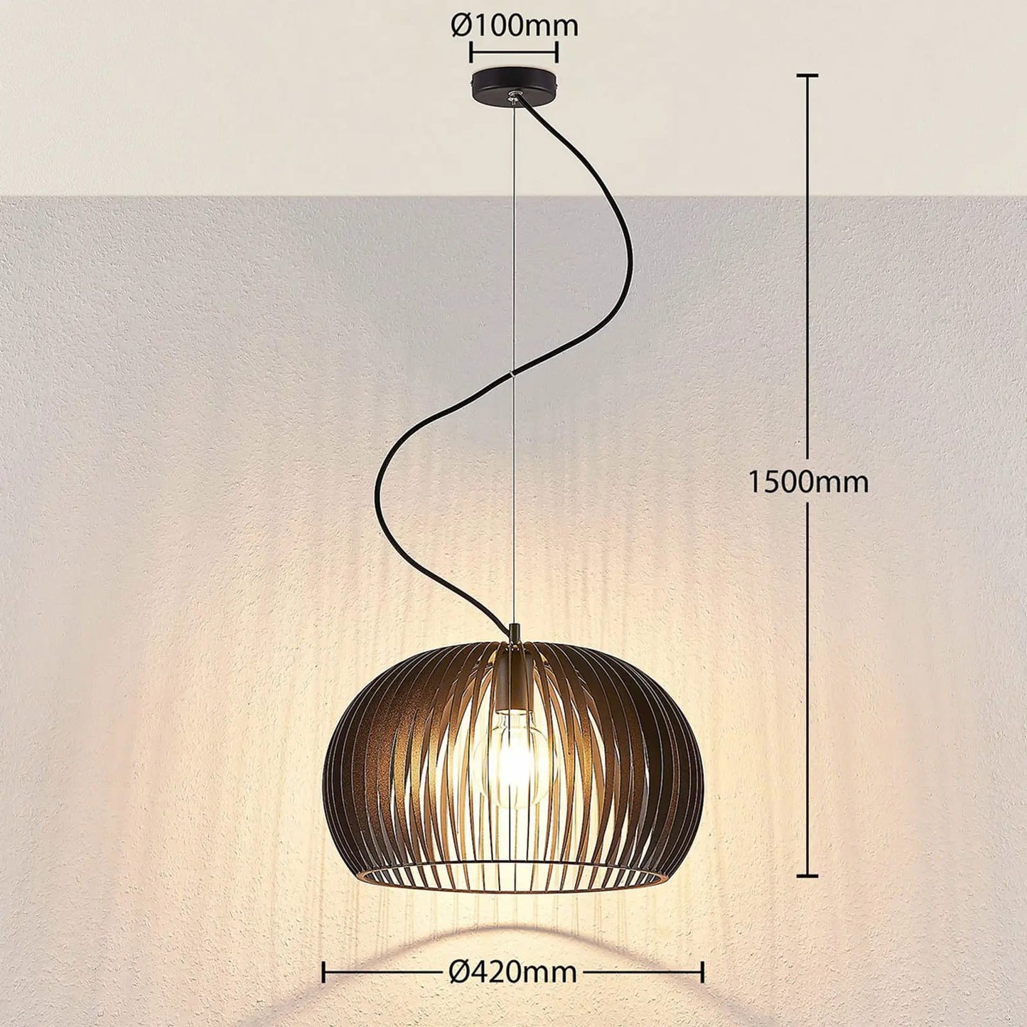 Jusra pakabinamas šviestuvas iš juodo metalo, 1 lemputė.
