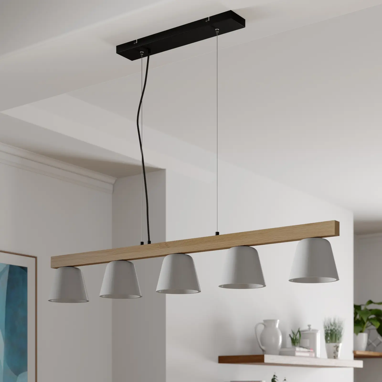 Lucande Kalinda pakabinamas šviestuvas, betonas, medis, 5 lempučių.