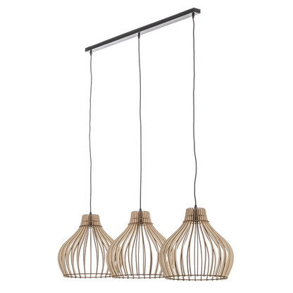 Vamzdis pakabinamas šviestuvas su mediniais gaubtais, 3 lempučių. ilgai