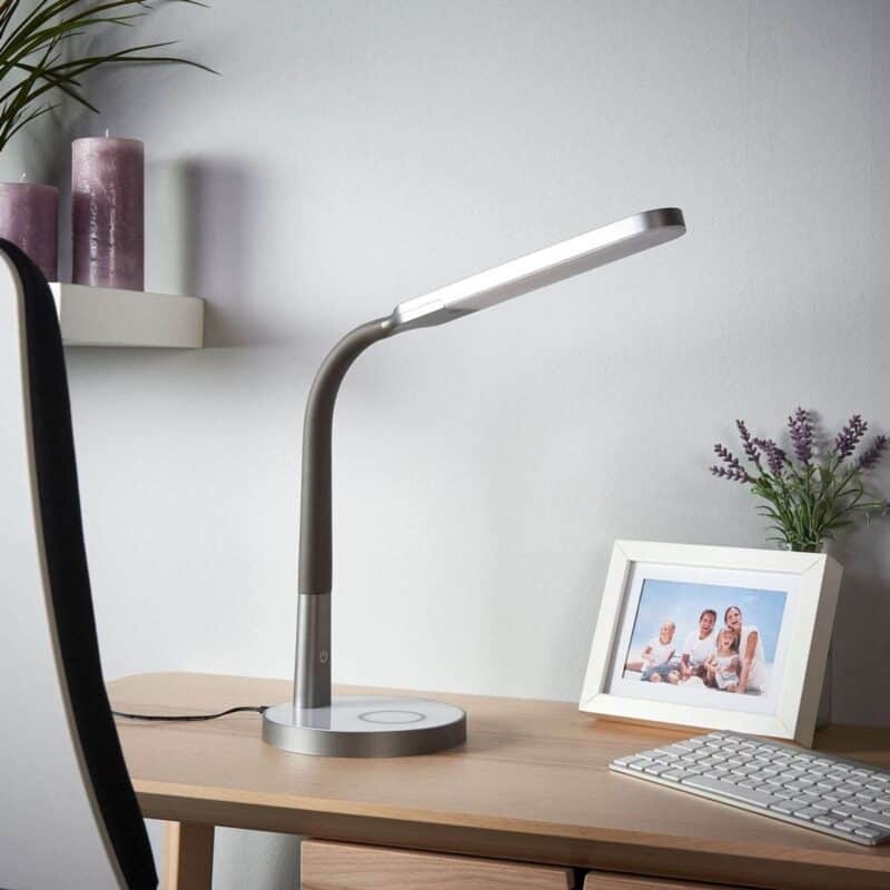 Pilka LED stalinė lempa Maily, USB ir reguliatorius