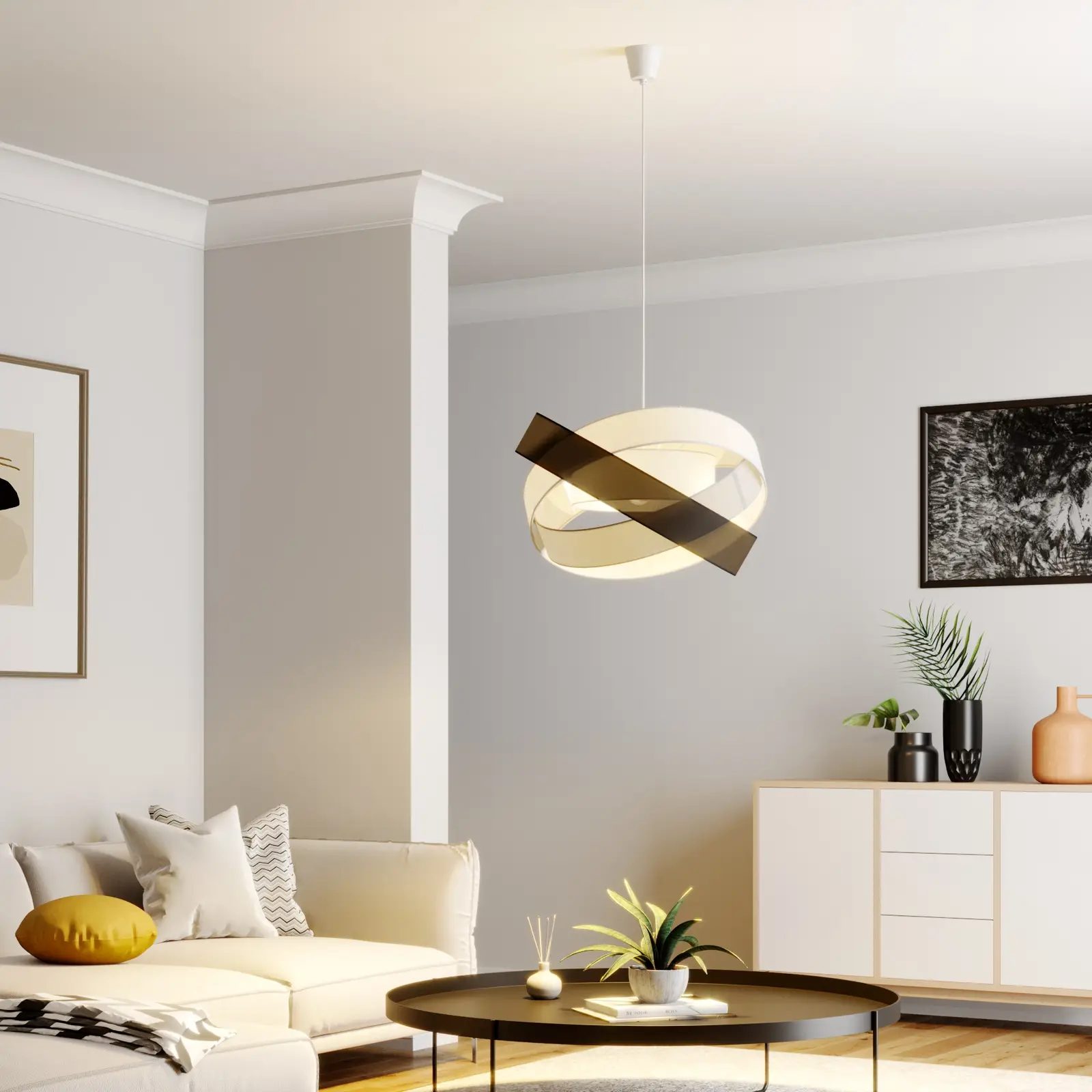 Lindby Simaria medžiaginis pakabinamas šviestuvas, juoda/pilka/balta