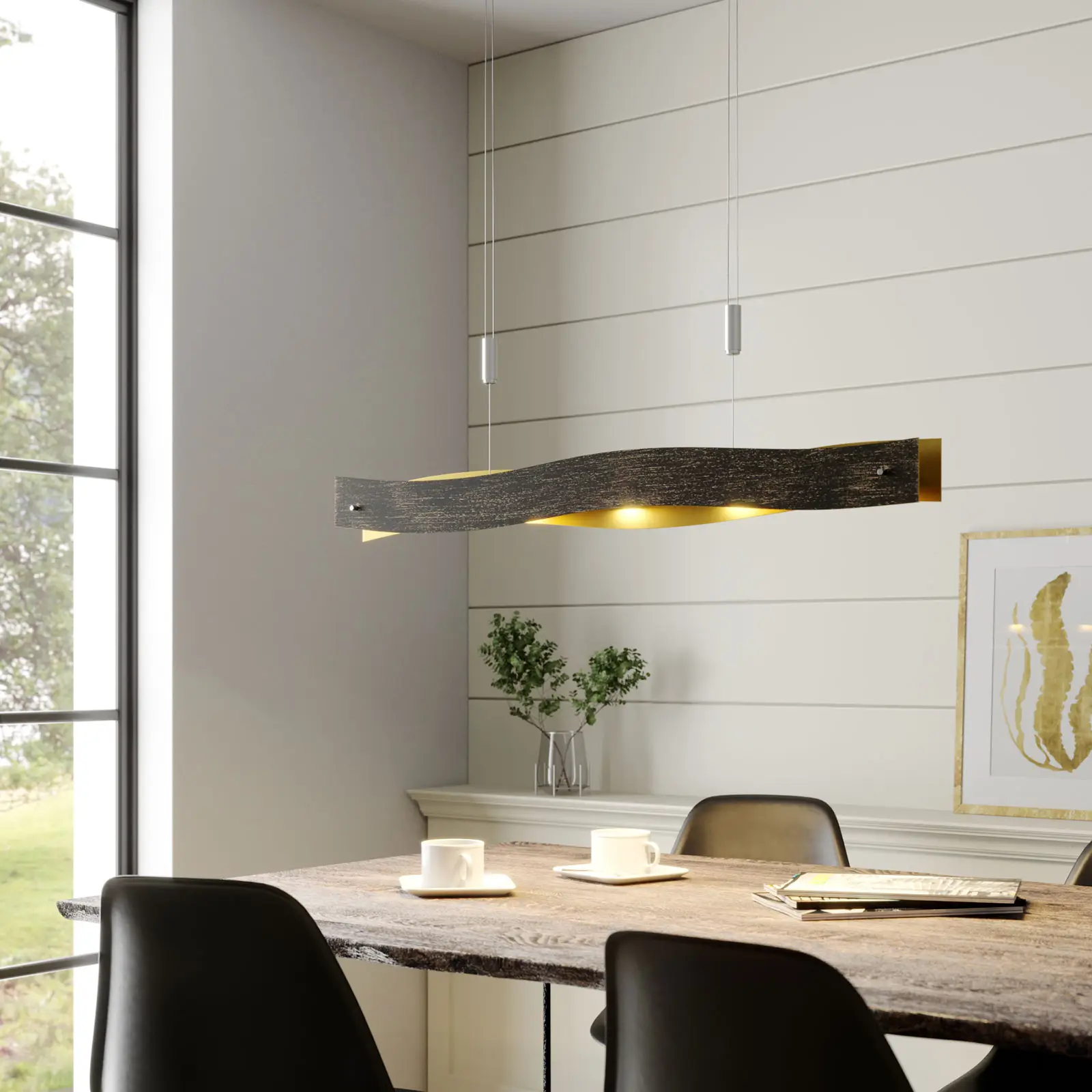 Pritemdomas pakabinamas LED šviestuvas Ebu, juodos ir auksinės spalvos