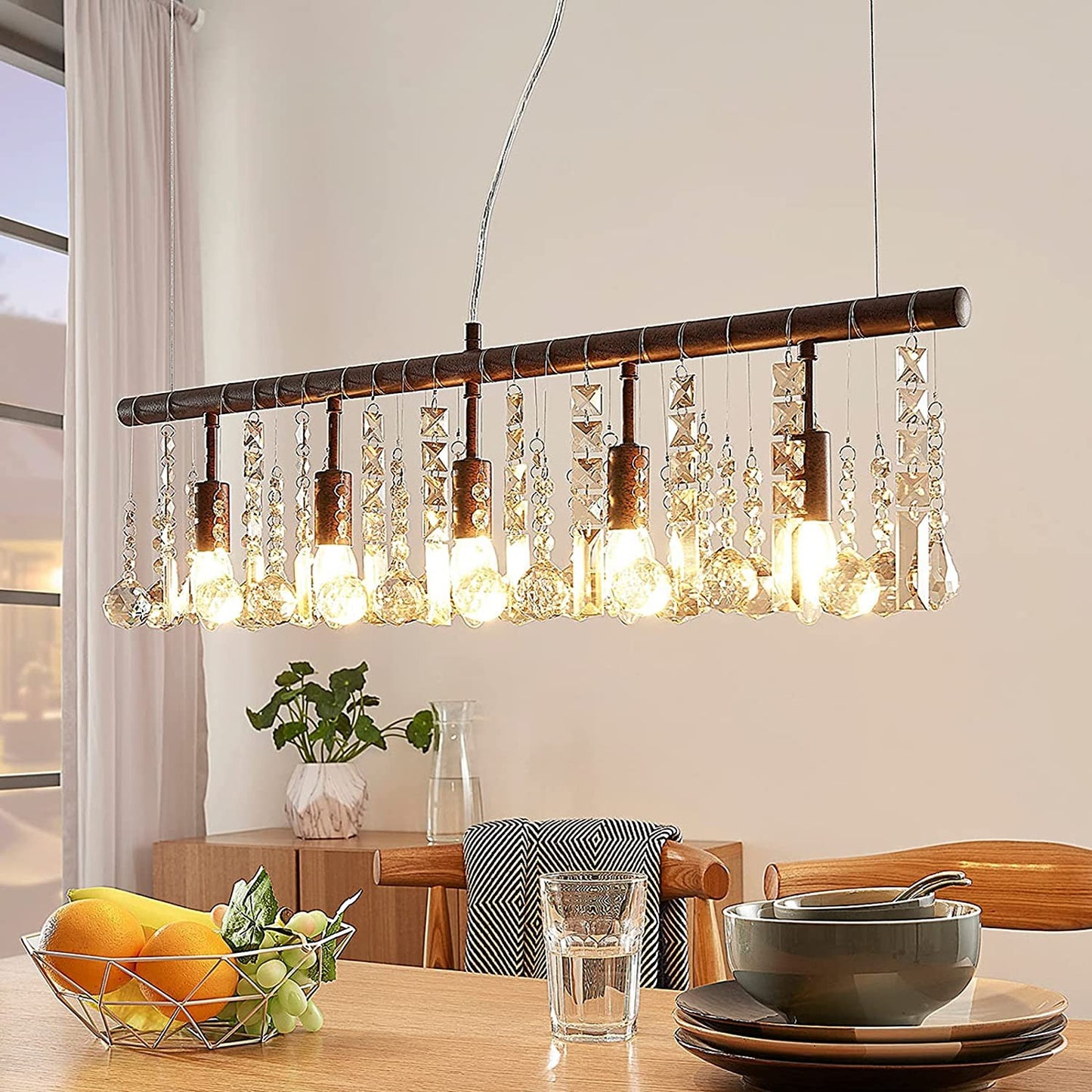 Rūdžių spalvos krištolo pakabinamas šviestuvas Matei, 5 šviestuvai