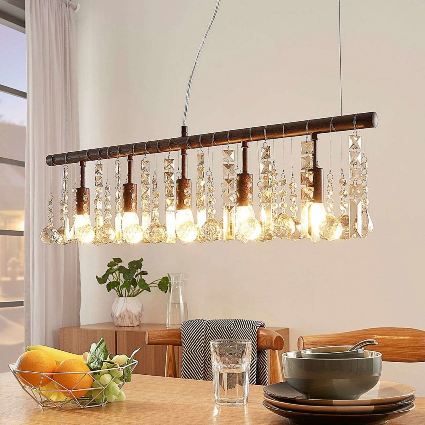 Rūdžių spalvos krištolo pakabinamas šviestuvas Matei, 5 šviestuvai