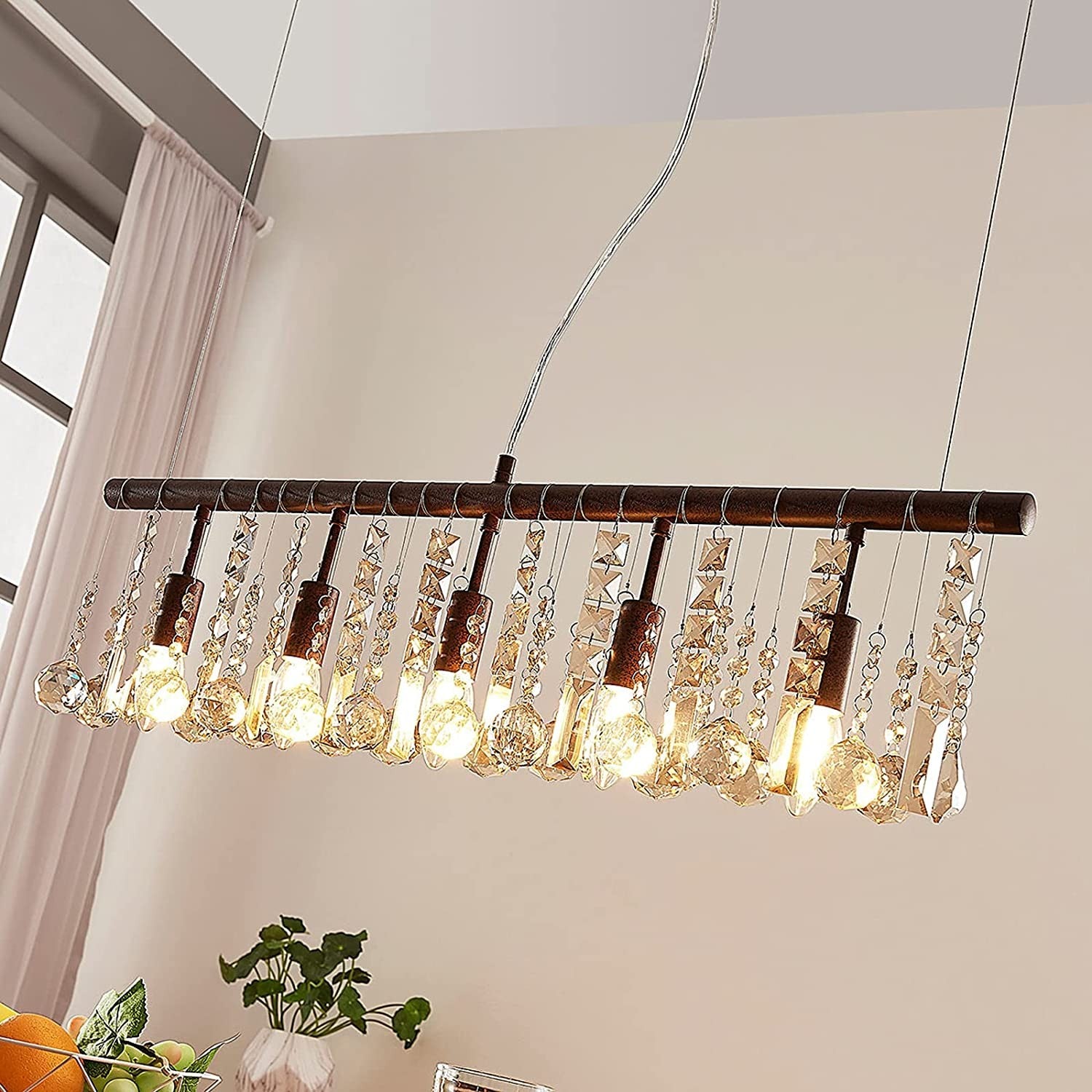 Rūdžių spalvos krištolo pakabinamas šviestuvas Matei, 5 šviestuvai