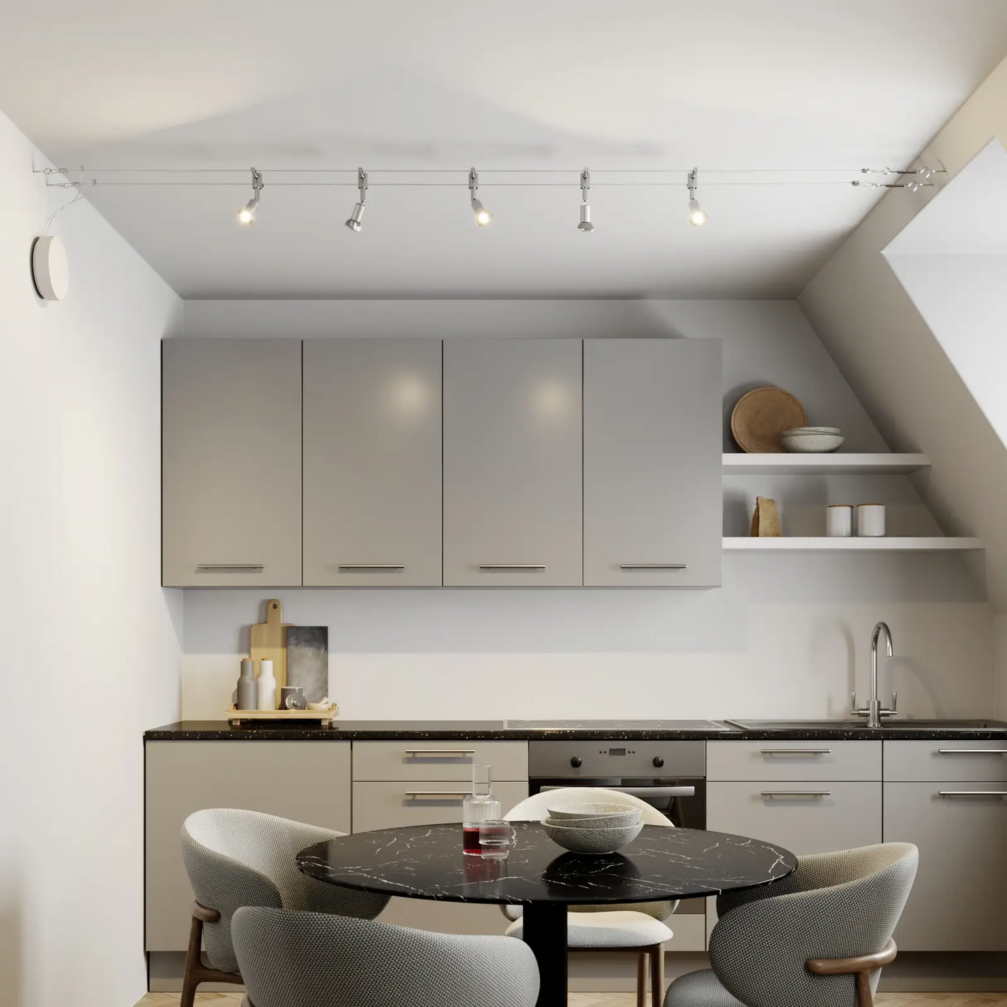 Kabelių sistema Virvė su LED prožektoriais, penkios lemputės