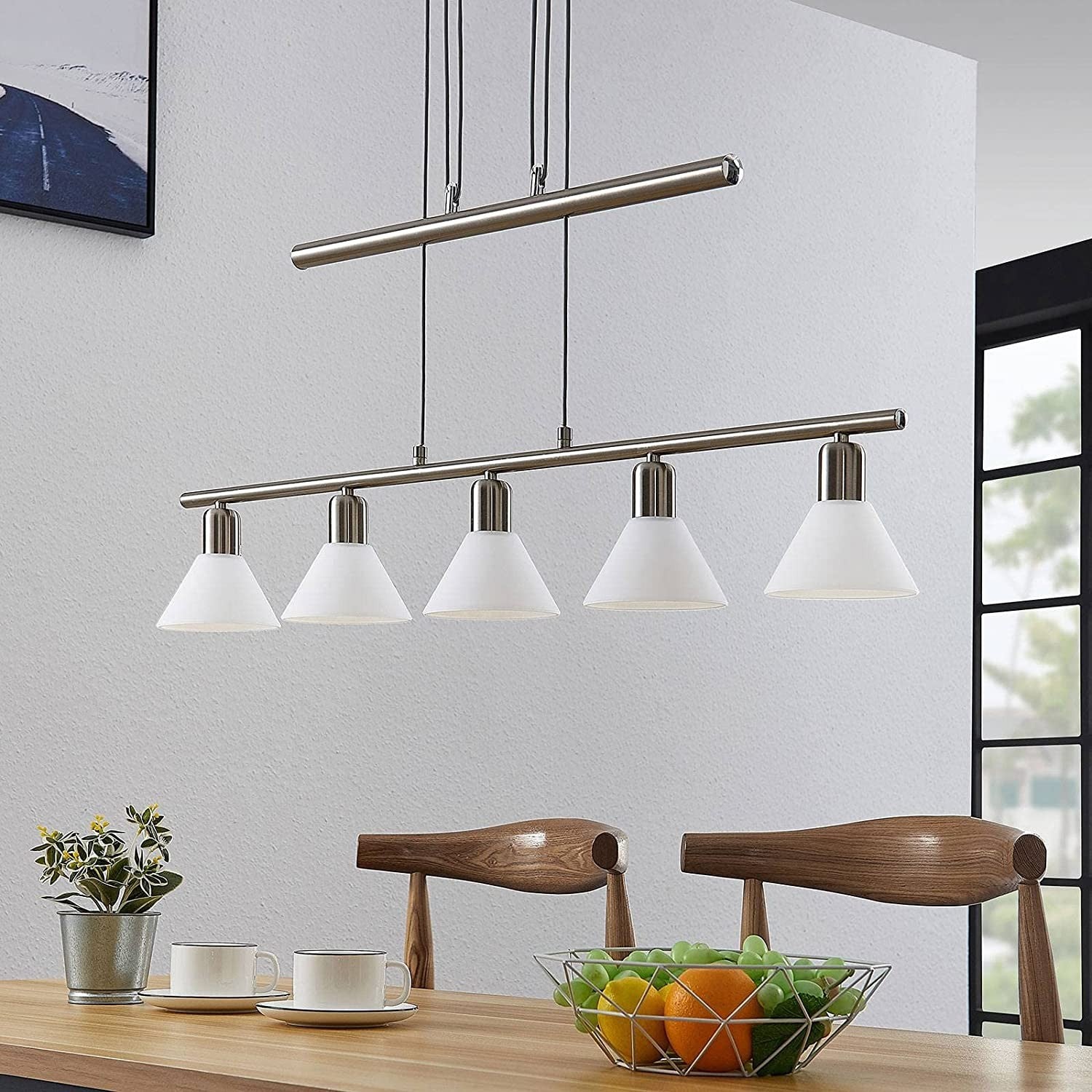 Reguliuojamo aukščio pakabinamas šviestuvas Delira 5 lempučių. nikelio