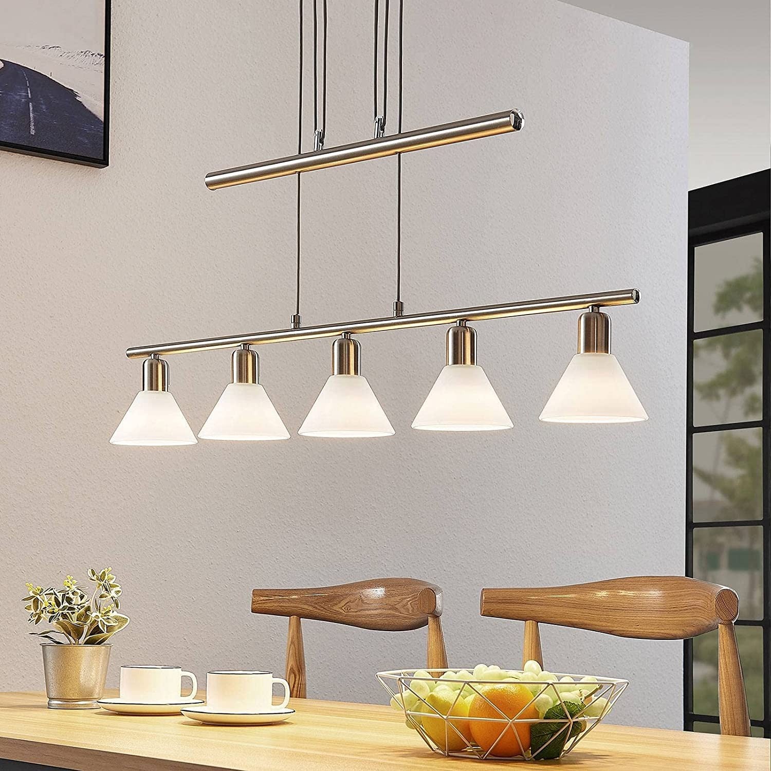 Reguliuojamo aukščio pakabinamas šviestuvas Delira 5 lempučių. nikelio