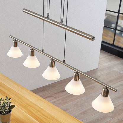 Reguliuojamo aukščio pakabinamas šviestuvas Delira 5 lempučių. nikelio