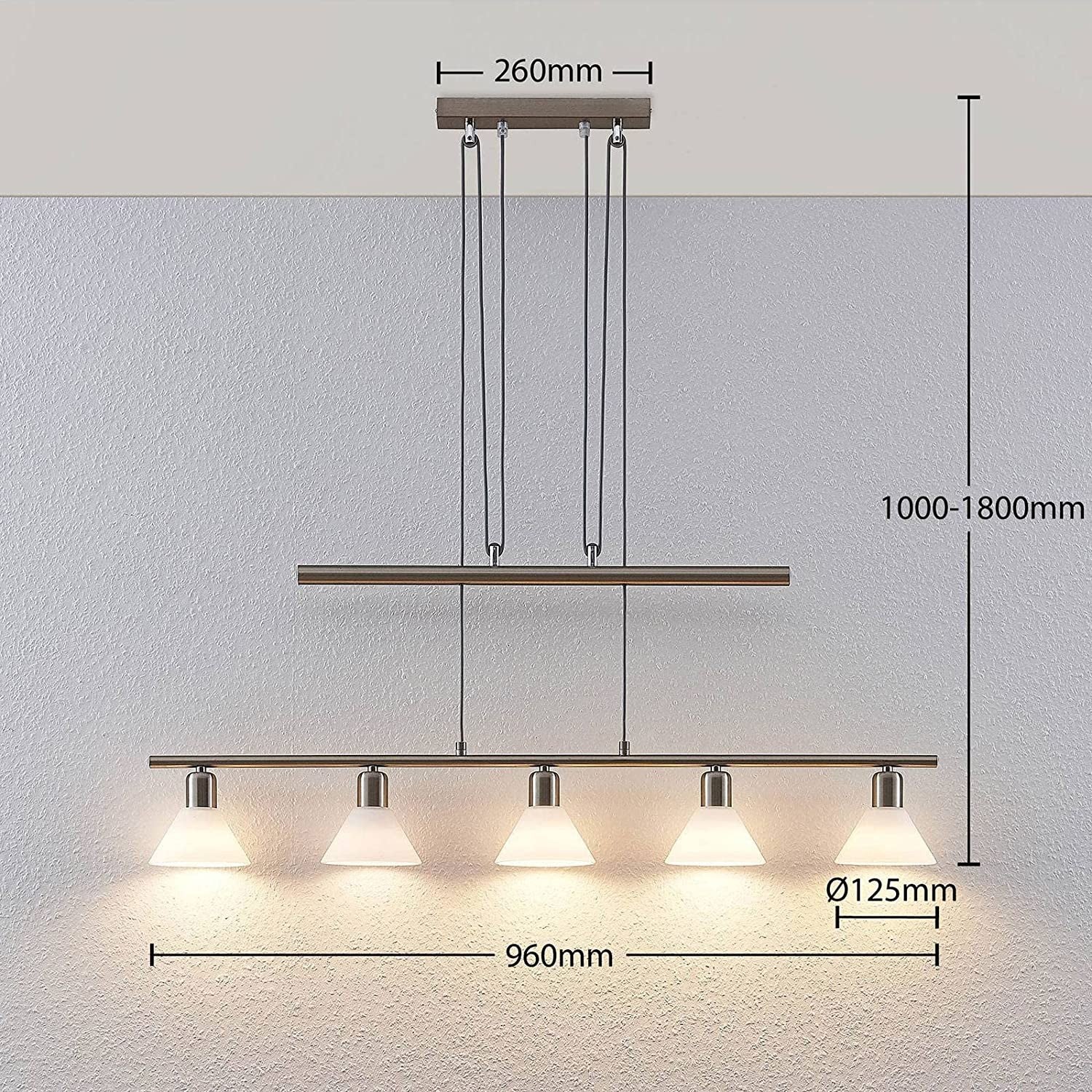 Reguliuojamo aukščio pakabinamas šviestuvas Delira 5 lempučių. nikelio