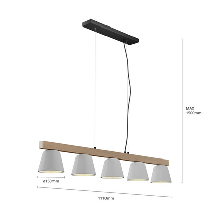 Lucande Kalinda pakabinamas šviestuvas, betonas, medis, 5 lempučių.