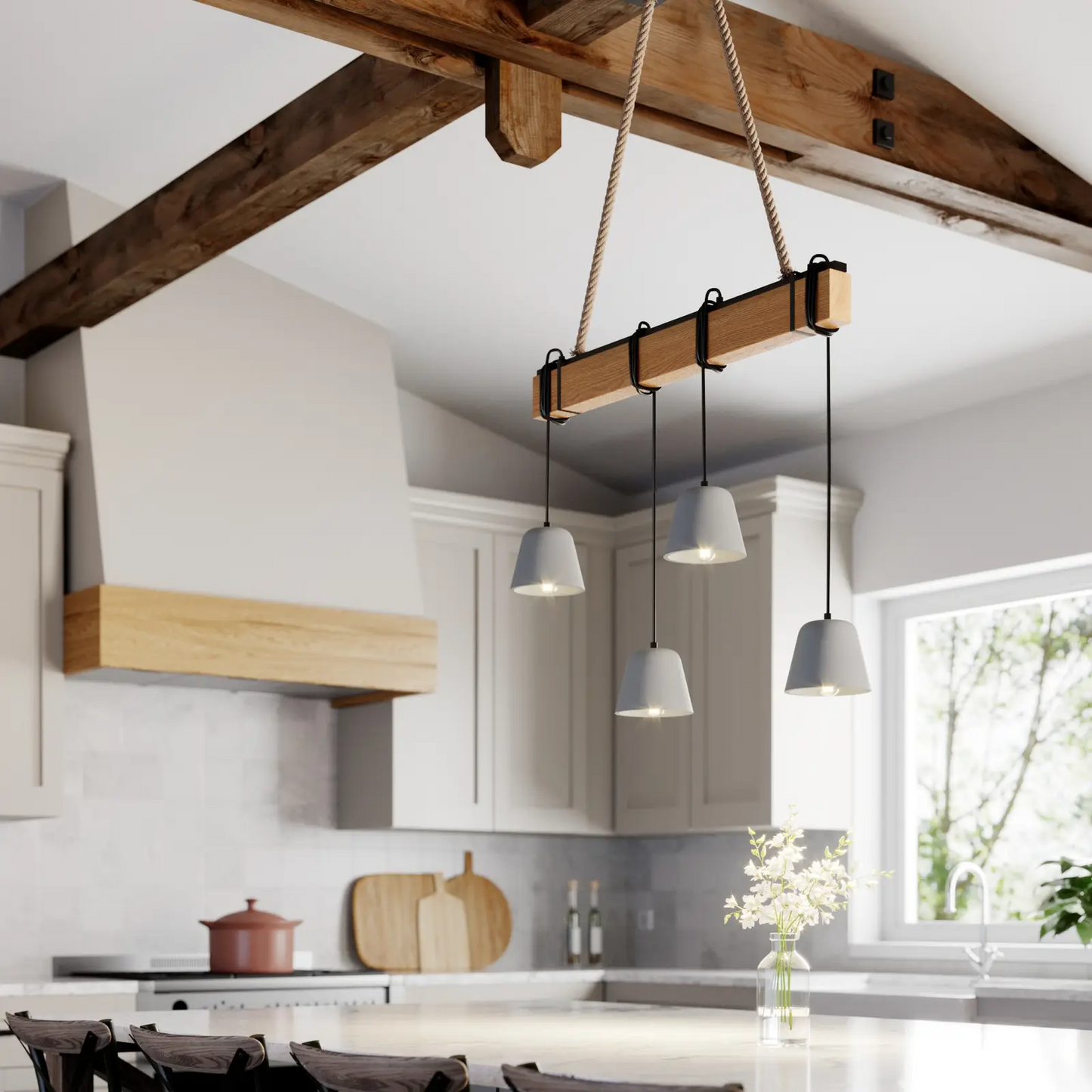 Lucande Hakona medinis pakabinamas šviestuvas, 4 betoniniai atspalviai