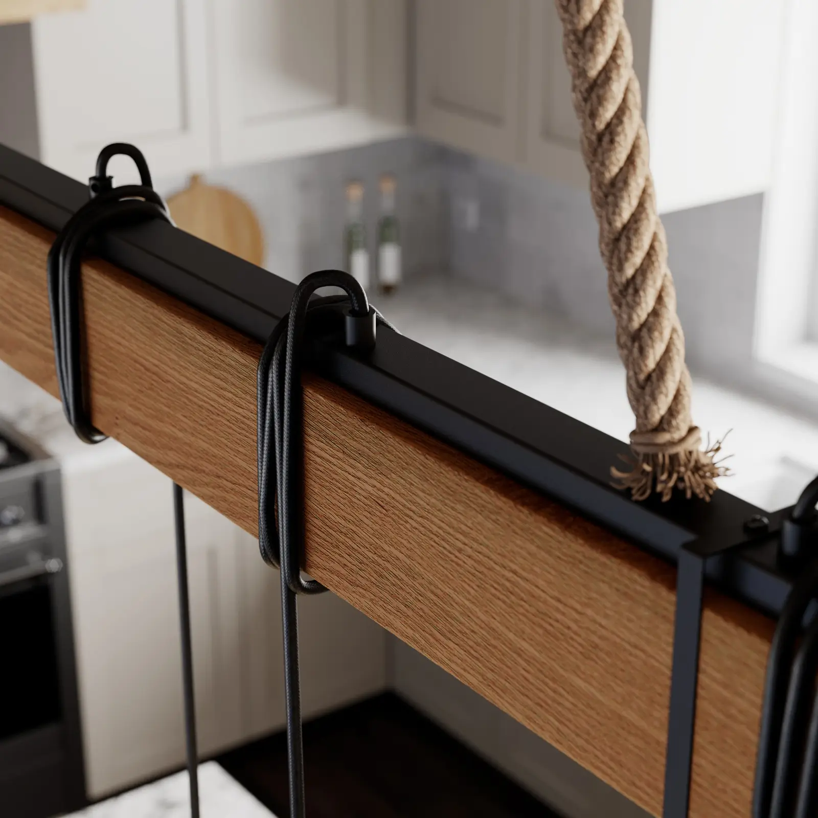 Lucande Hakona medinis pakabinamas šviestuvas, 4 betoniniai atspalviai