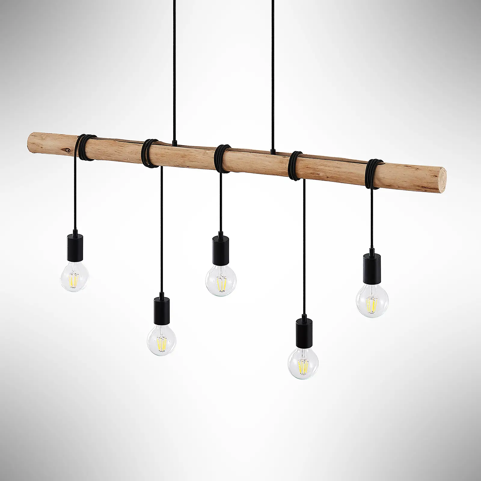Lindby Rom pakabinamas šviestuvas su medinėmis sijomis, 5 lempučių.
