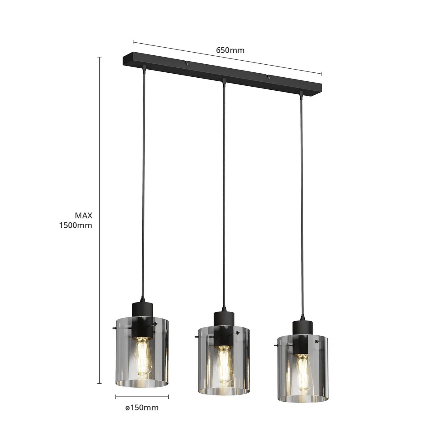 Lindby Kourtney pakabinamas šviestuvas su stiklo gaubtu, 3 lempučių.