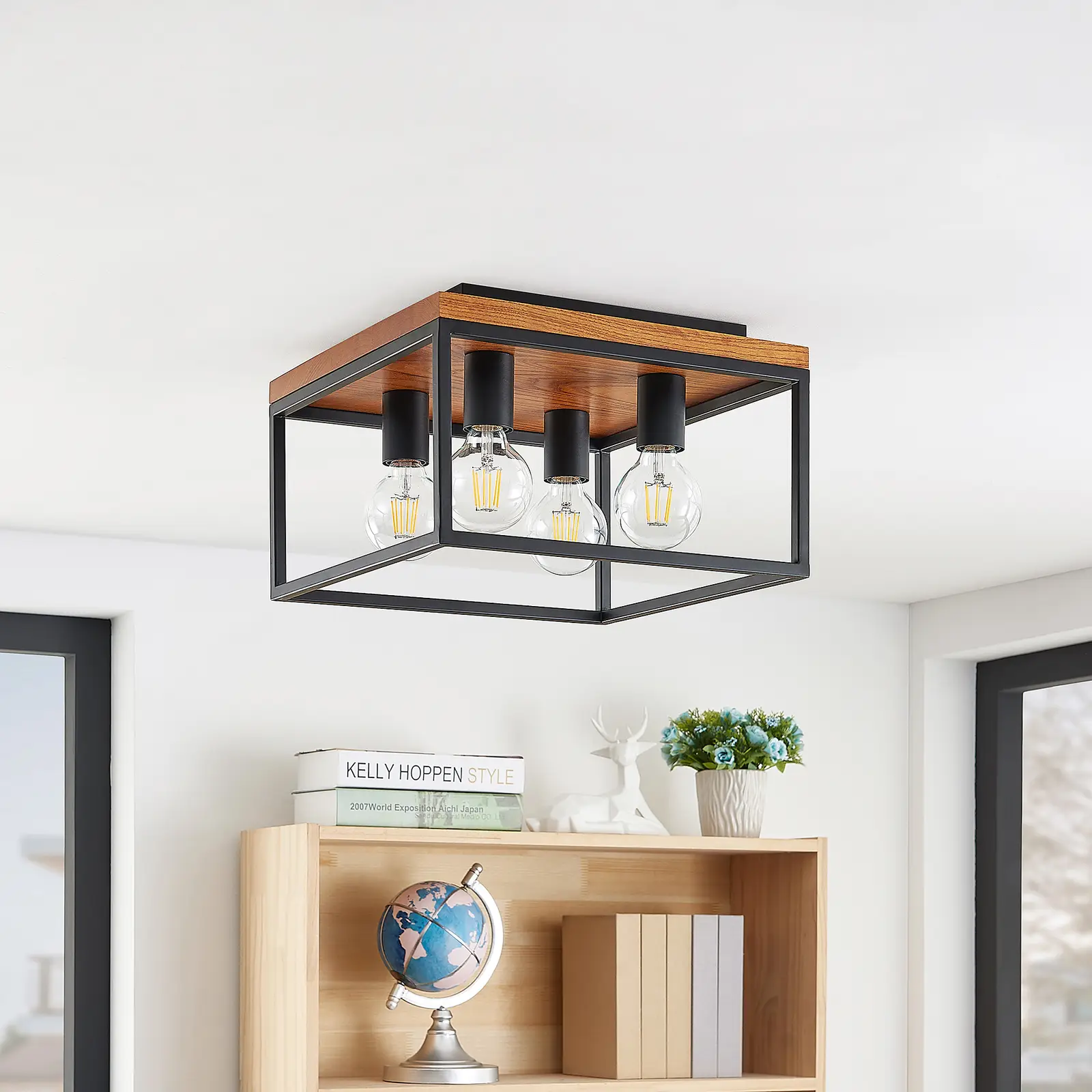 Lindby Miravi lubinis šviestuvas, medinis, keturių lempučių